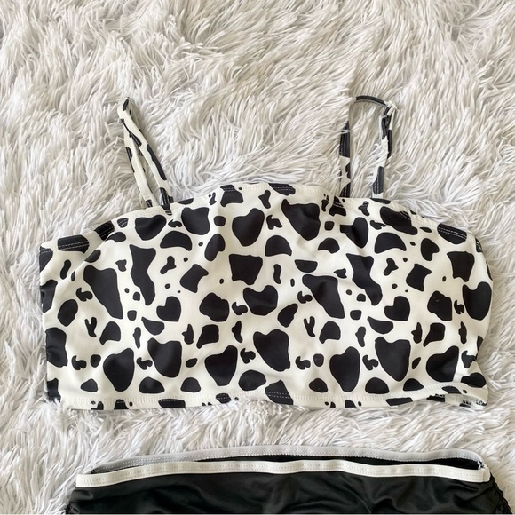 NWOT Cow Print High Waisted Bandeau Scrunch Bottom Bikini Black White - Picture 8 of 13